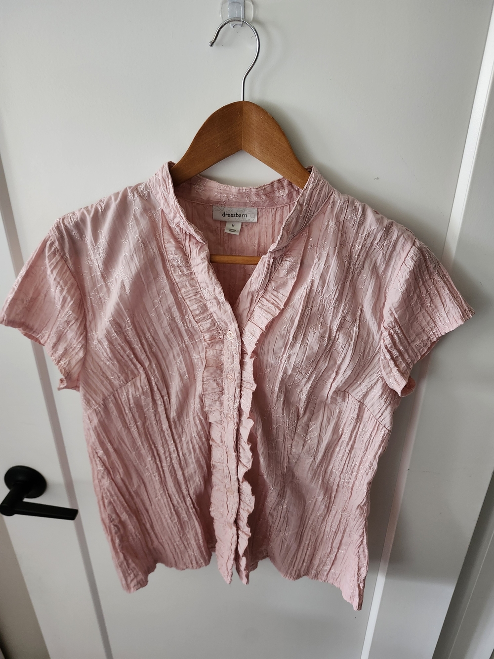 dressbarn Pink Ruffled Embroidered Floral Blouse